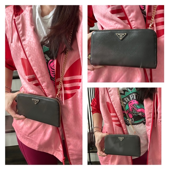 💯 PRADA Logo Dark Green Saffiano Leather Zippered Wallet on Chain w/ auth cert - Picture 11 of 12